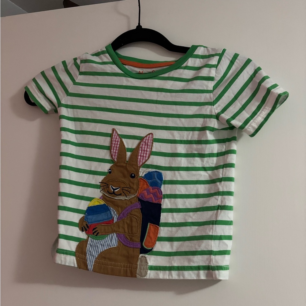 Mini Boden Green & White Striped Tee with Bunny Appliqué